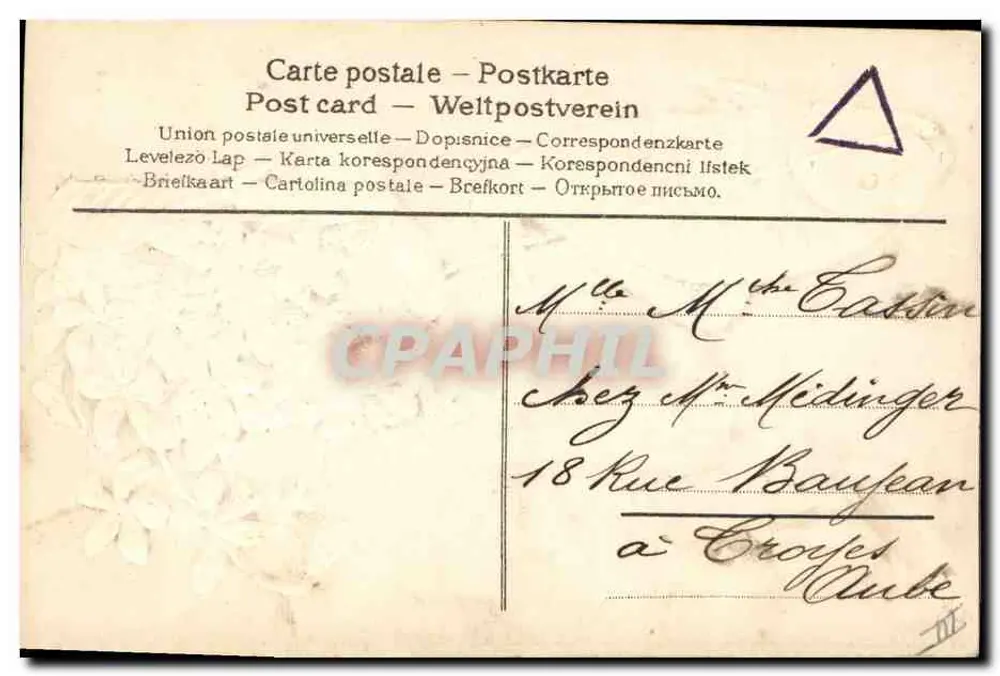 Violette Blüten in einem Boot, gezogen von einem Fisch — Verlag Union Postale Universelle, Seriennummer nicht sichtbar - Rückseite