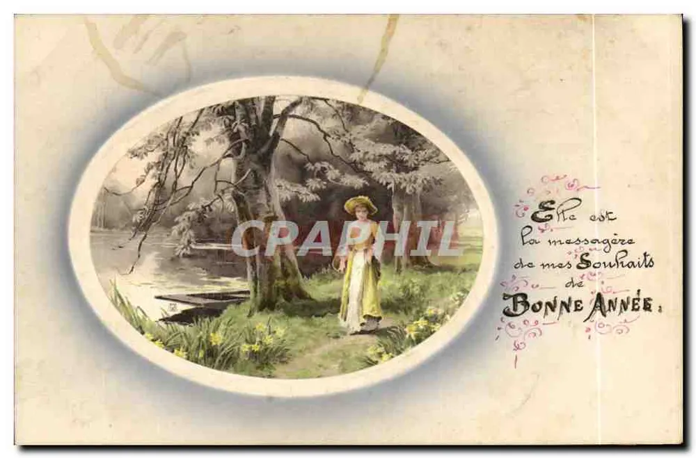 Femme en robe jaune — sous un arbre au bord d'un étang — éditeur Meissner & Co. Leipzig - Vorderseite