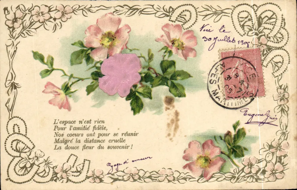 Flores de rosa — Poema de amizade — Editor desconhecido, número de série não visível - Frente