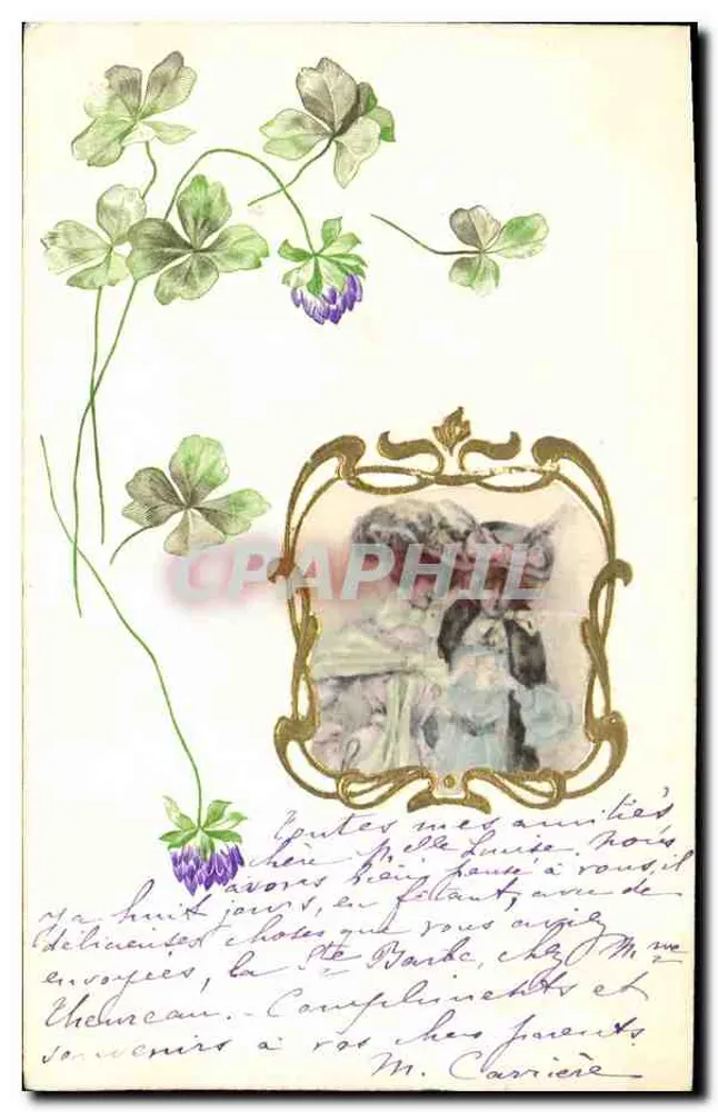 Flores de trêfola e casal em moldura — editor não visível — número de série não visível - Frente
