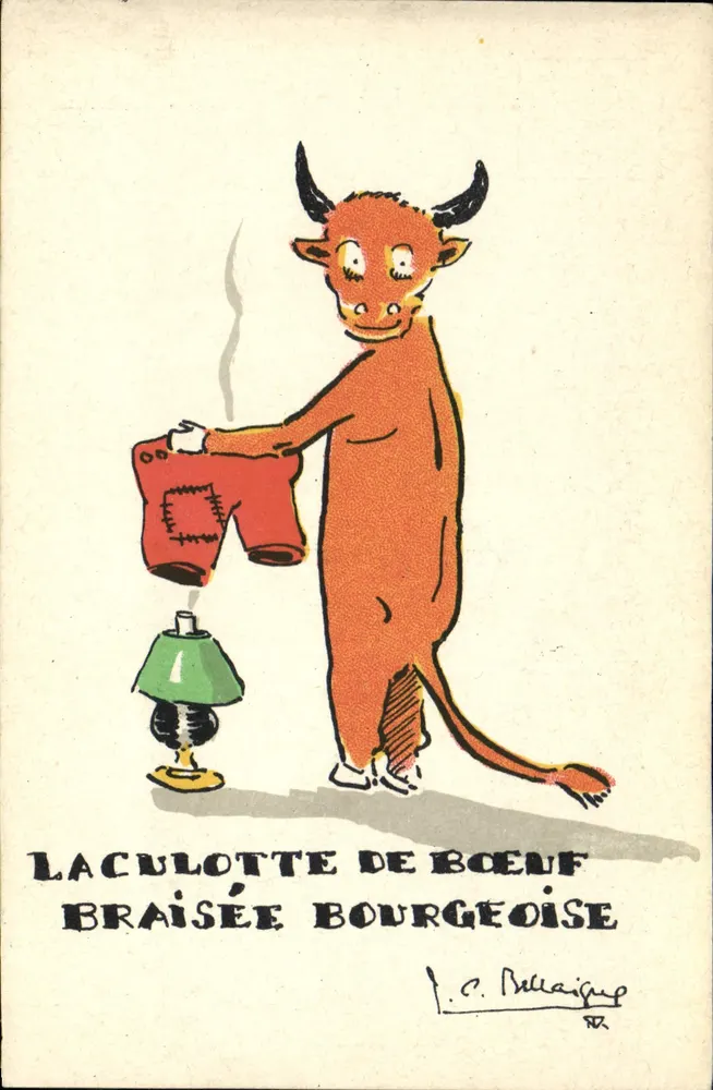 La Culotte di Boeuf Braisée Borghese — disegno di un toro che tiene un pantalone rosso — J. C. Bellaigue, 1912 - Recto