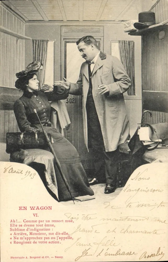In einem Waggon — Theater-Szene — Phototypie A. Bergeret et Cie, Nancy, n° VI - Vorderseite