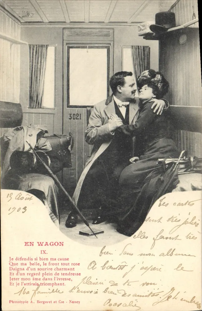 Im Wagen — Liebesszene — Phototypie A. Bergeret et Cie — Nancy, Nr. IX - Vorderseite