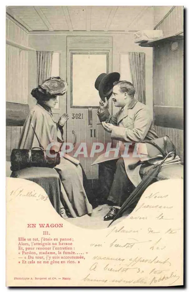 Im Wagen — Szenen eines Dialogs in einem Zugabteil — Phototypie A. Bergeret et Cie, Nancy - Vorderseite