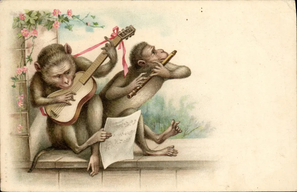Deux singes musiciens — scène de balcon avec roses — éditeur A. & V. B. N°238 - Vorderseite