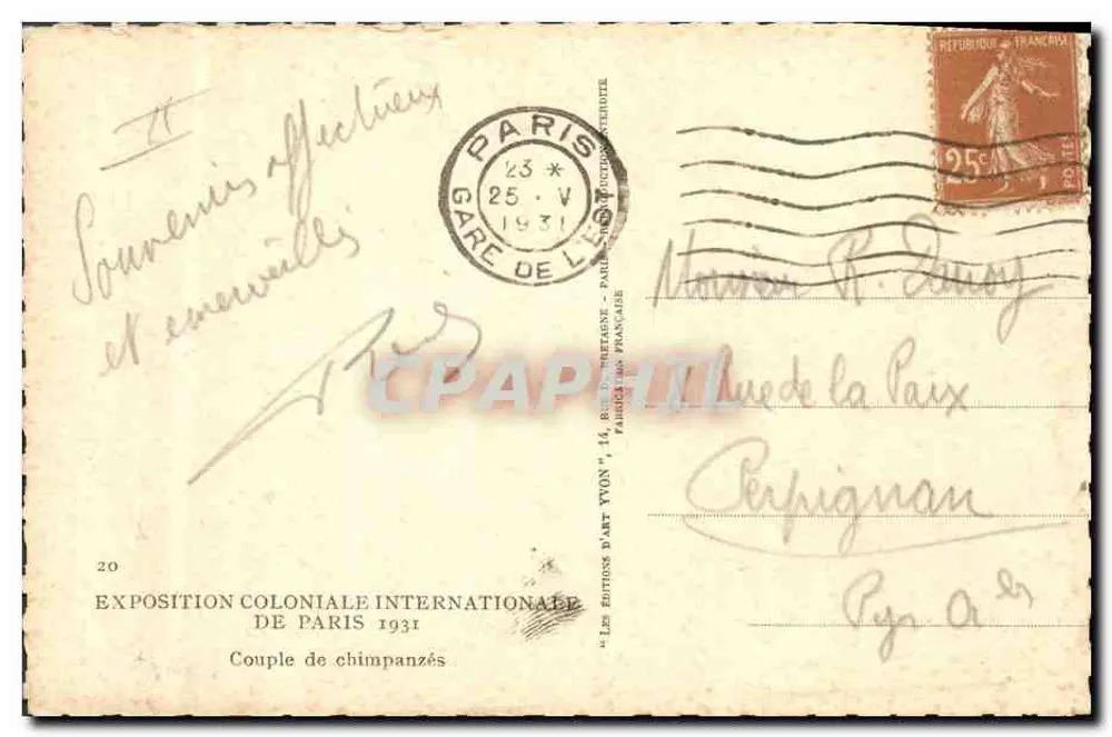 Paar Schimpansen — Internationale Kolonialausstellung Paris 1931 — Les Éditions d'Art Yvon - Rückseite