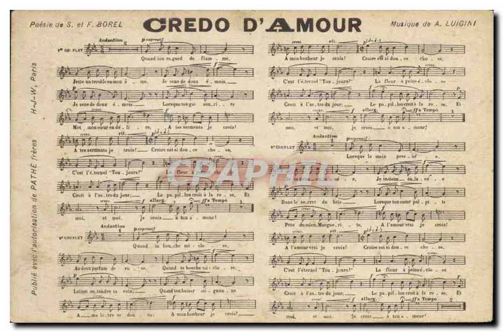 Credo do Amor — Poésie de S. et F. BOREL, Musique de A. LUIGINI — Publié avec l'autorisation de PATHÉ - Frente