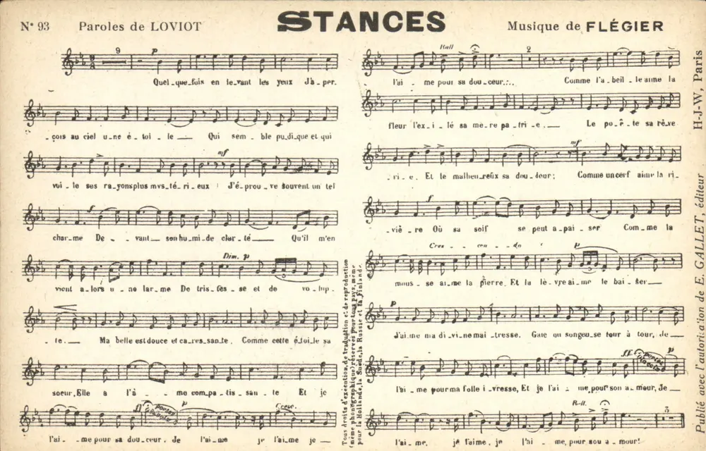 Stances — palavras de Loviot, música de Flégier — H.-W. Gallet, editor, N° 93 - Frente
