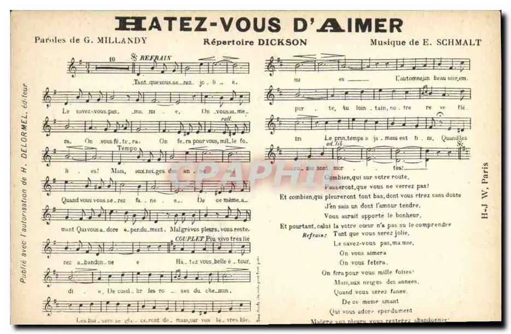 Canção 'HATEZ-VOUS D'AIMER' — letras de G. MILLANDY, música de E. SCHMALT — editor H. DELORMEL, n°10 - Frente