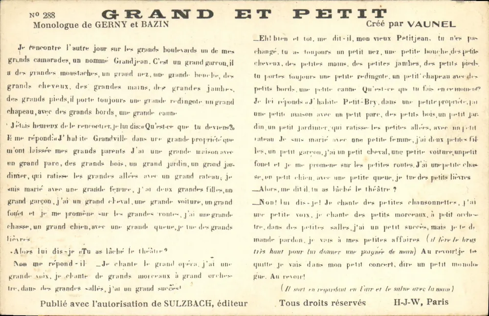 Monologue de GERNY et BAZIN — Créé par VAUNEL — Publié avec l'autorisation de SULZBACH, éditeur — N° 288 - Vorderseite