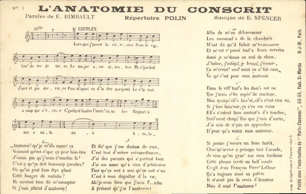 A Anatomia do conscripto — canção — Répertoire Polin, Paris - Frente