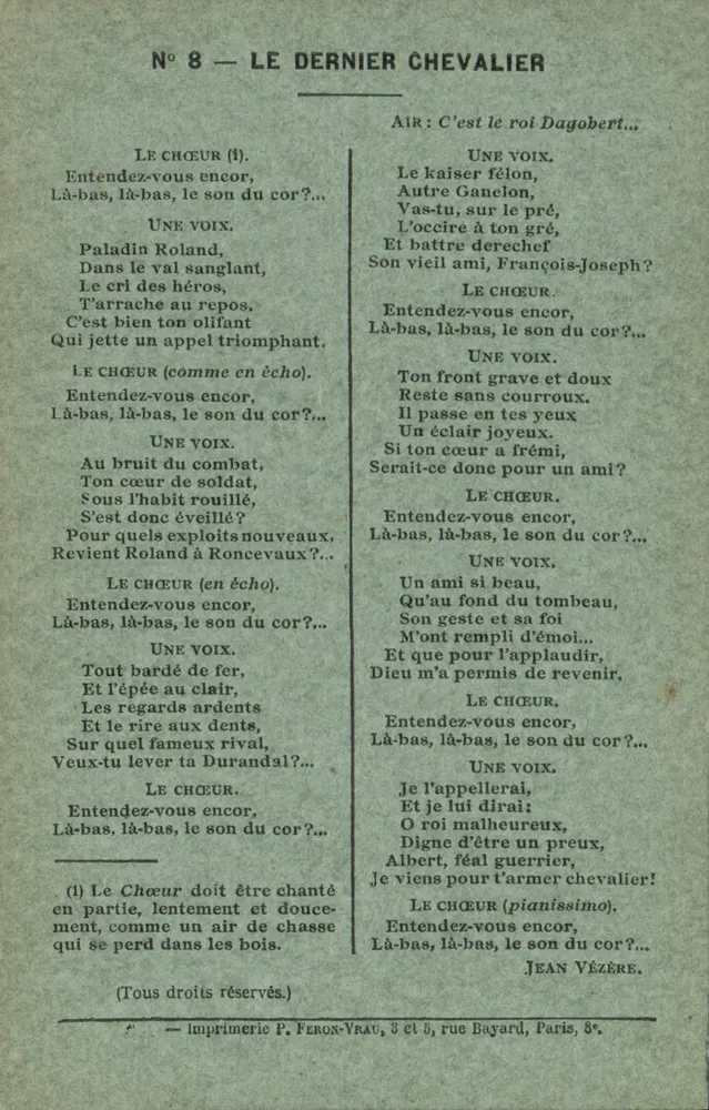 O Último Cavaleiro — N° 8 — Impressora P. Feron-Vrau, 3 et 5, rue Bayard, Paris, 8e - Frente