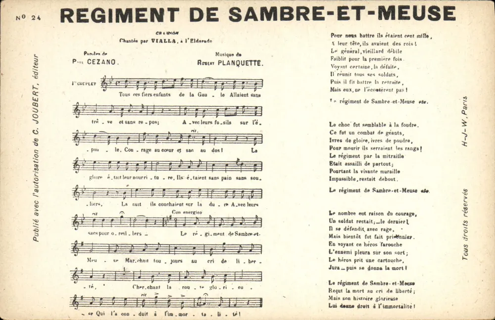 Régiment de Sambre-et-Meuse — Chanson militaire — Éditeur C. JOUBERT, n°24 - Vorderseite