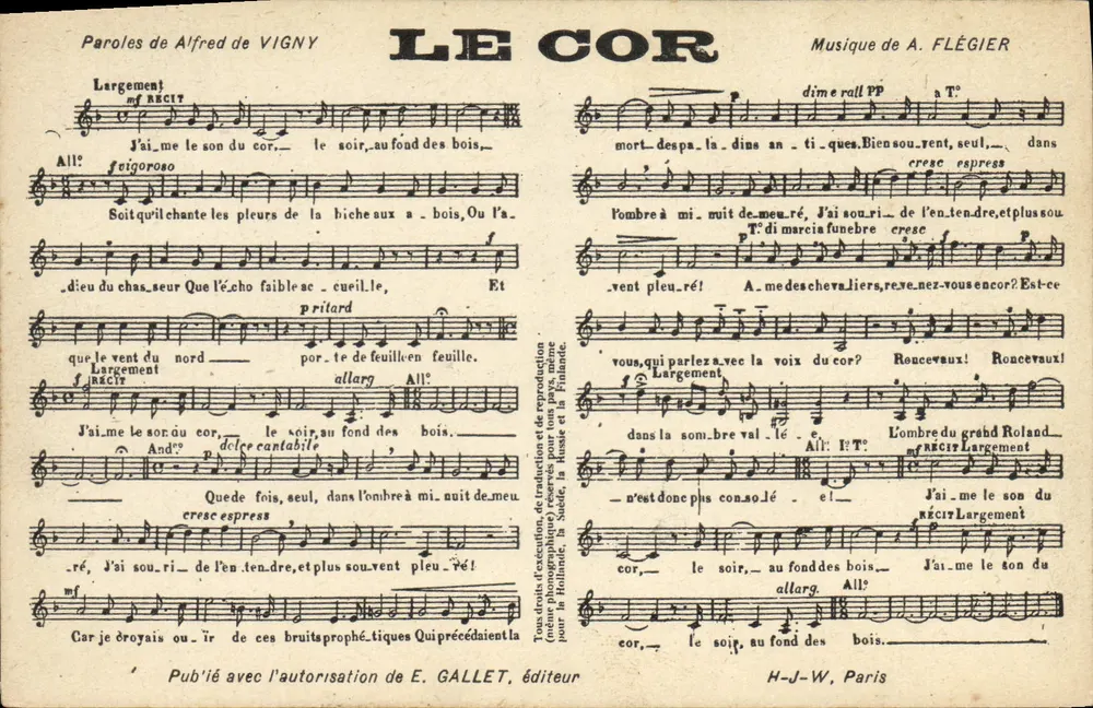 Le Cor — Palavras de Alfred de Vigny, Música de A. Flétier — Publicado com autorização de E. Gallet, editor, H-J-W, Paris - Frente