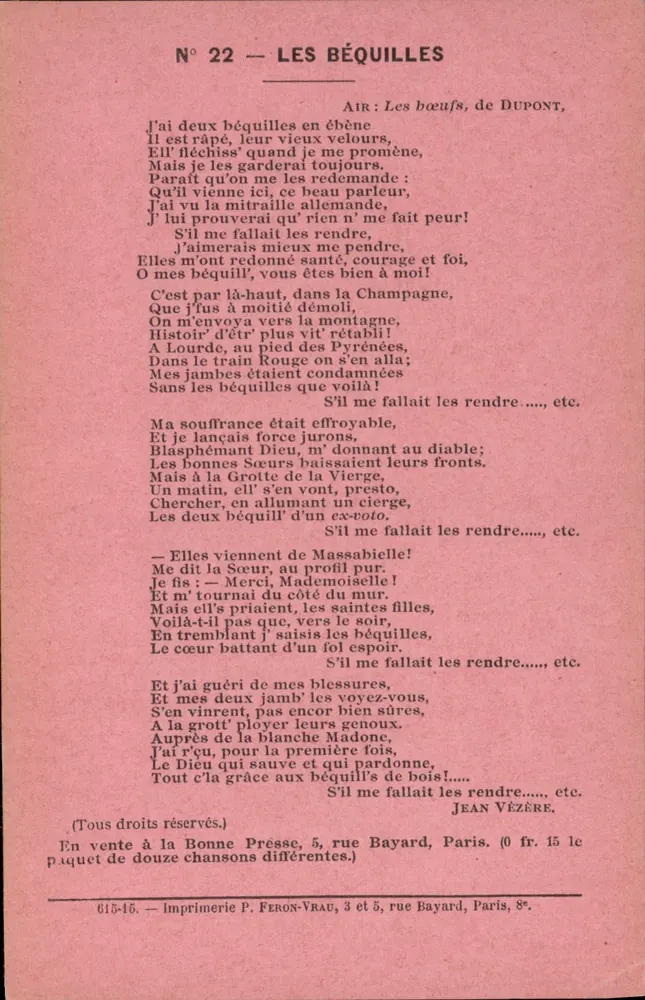 Les Béquilles — Canção de Jean Vézère — Impressora P. Feron-Vrau, Paris - Frente