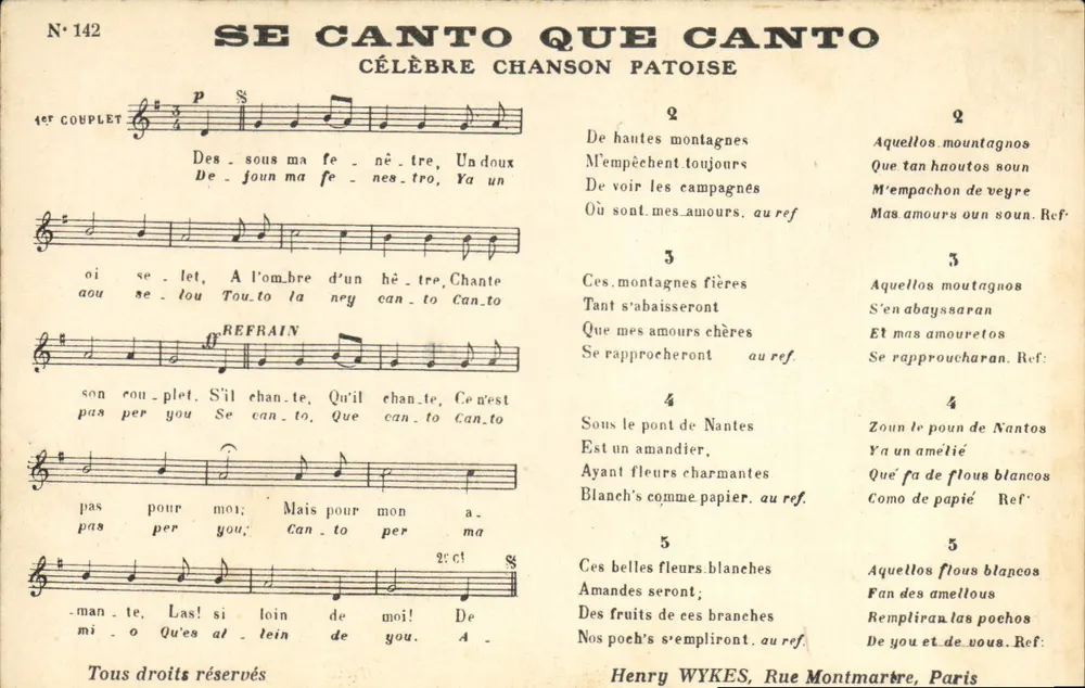 Canción patois - Se canto que canto — Henry Wykes, Rue Montmartre, París — N° 142 - Anverso