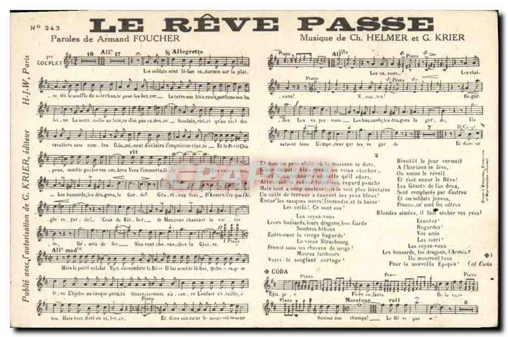 Der vergangene Traum — Text von Armand Foucher, Musik von Ch. Helmer und G. Krier — Verlag H.J.W., N° 243 - Vorderseite