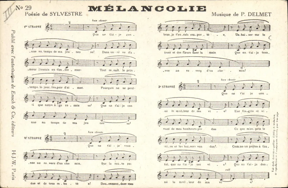 MÉLANCOLIE — Gedicht von Sylvestre, Musik von P. Delmet — Enoch & Cie, Verleger, Paris, Nr. 29 - Vorderseite