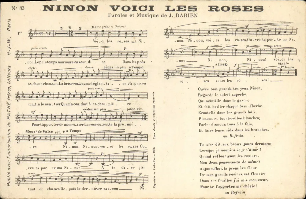 Ninon hier sind die Rosen — Text und Musik von J. Darien — H.-J.-W. Paris, Verleger, Nr. 83 - Vorderseite