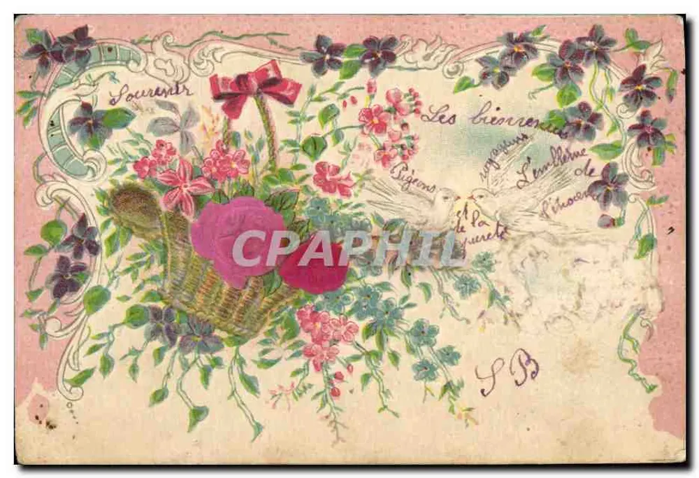 Arranjo de flores e pássaros — Carta postal decorativa — editor não identificado - Frente