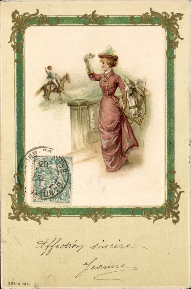 Frau in einem rosa Kleid und Reiter — Serie 425 — Verlag unbekannt - Vorderseite