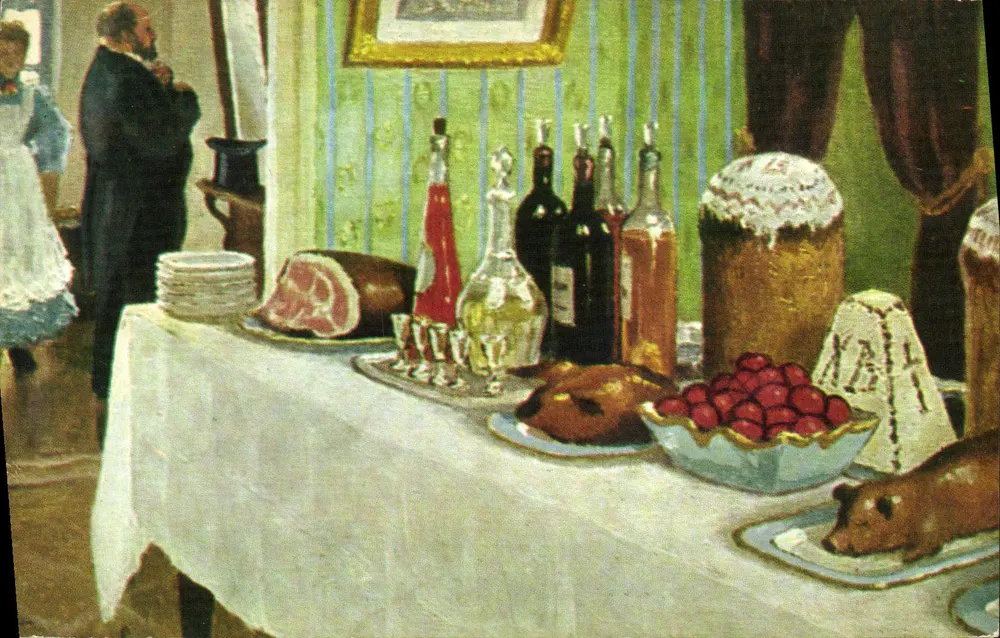 Mesa de Páscoa — cena de refeição — Pub. por A. Yaremenko, New York City, n° AY 113-7105 - Frente