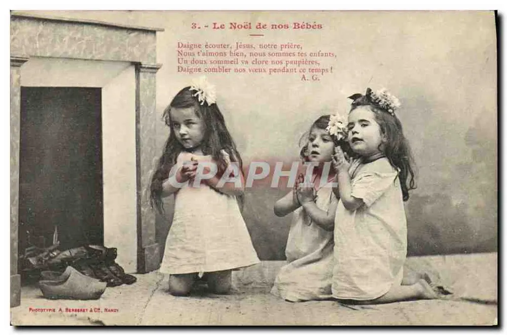 Drei junge Mädchen in Gebet — Weihnachten — Phototypie A. Sembaret & Cie, Nancy - Vorderseite