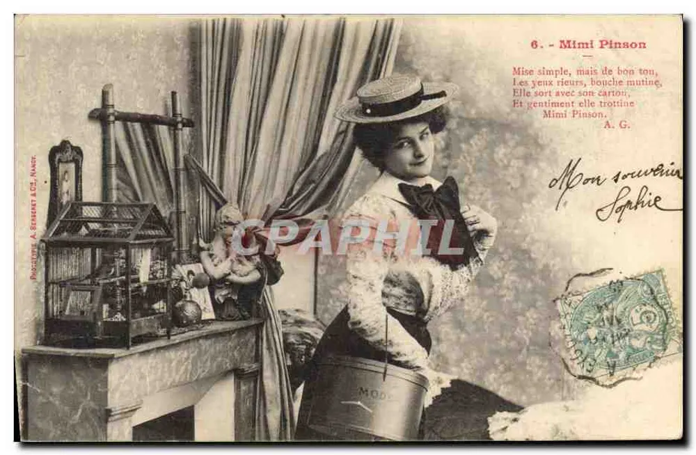 Mimi Pinson — Portrait einer lächelnden Frau mit einem Vogel — Phototypie A. Serment & Cie, Nantes - Vorderseite