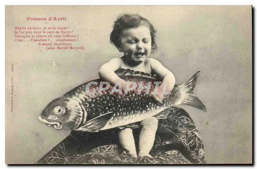 Kind auf einem Fisch — April-Fisch — Phototypie A. Ropert & Cie, Nancy - Vorderseite