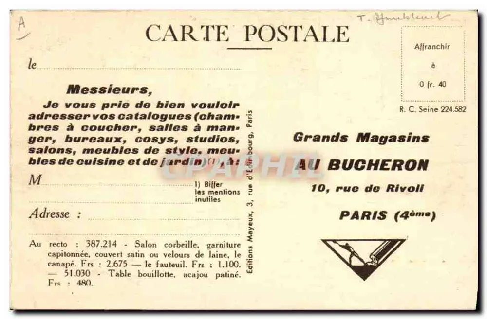 Salon corbeille garniture — Verlag: Grands Magasins AU BUCHERON, Paris - Rückseite