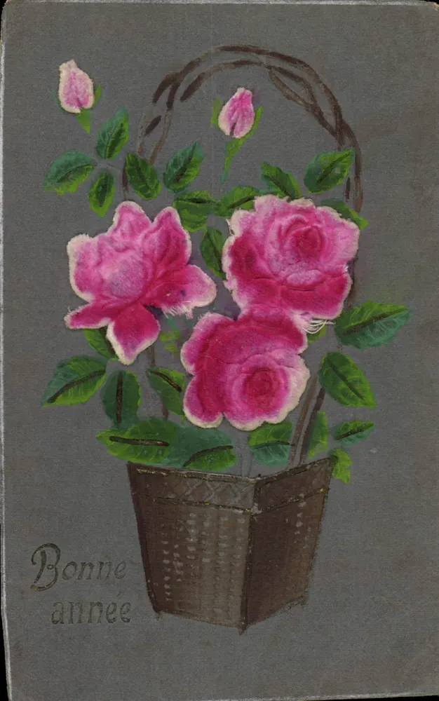 Arranjo de rosas — Boa Ano — carta postal antiga - Frente