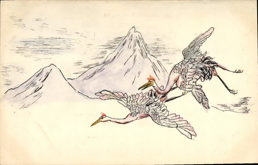 Cisnes em voo — montanhas no fundo — carta postal francesa - Frente