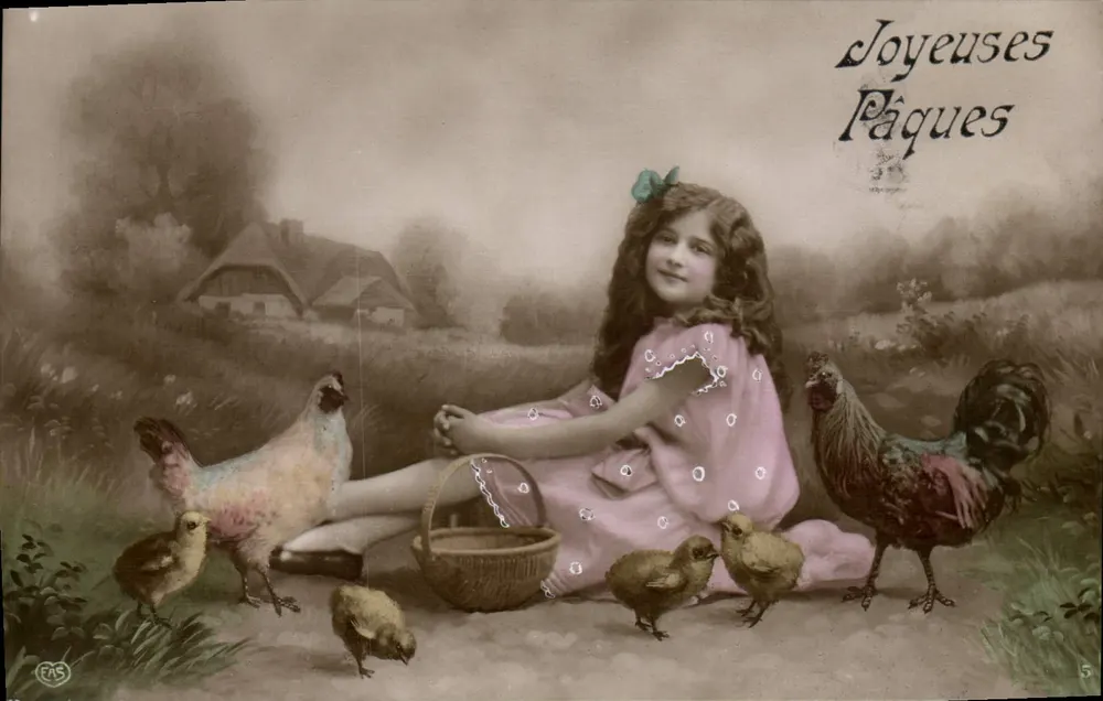 Mädchen mit Hühnern und Küken — Frohe Ostern — Verlag FAS, Nr. 5 - Vorderseite