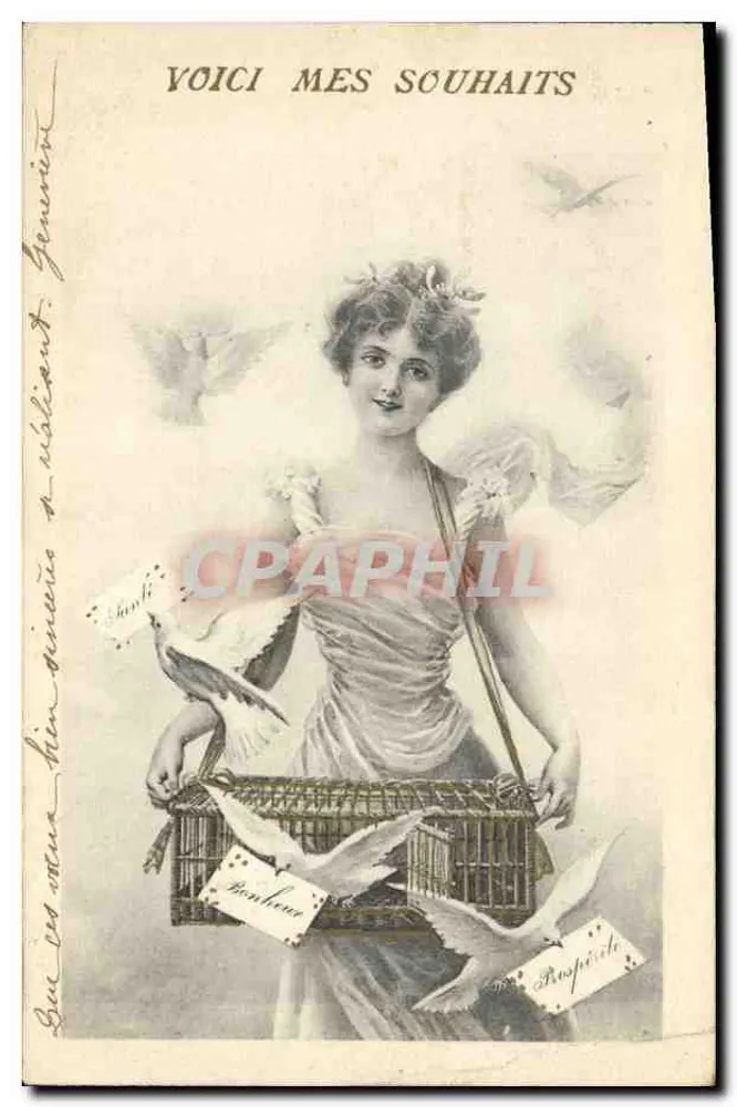 Jeune femme tenant un panier de pigeons — 'VOICI MES SOUHAITS' — éditeur G. Gouin - Frente