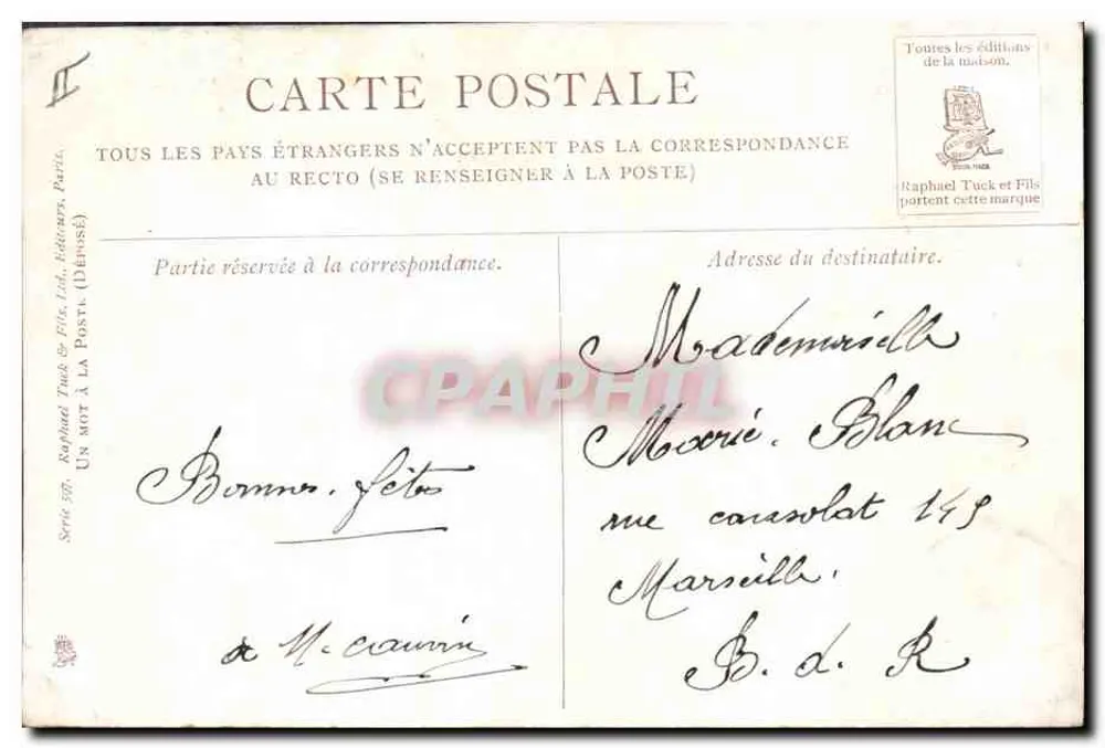 Pássaro-pombo vermelho em galho de hortência — Natal — editor Raphael Tuck & Fils, série 59 - Verso