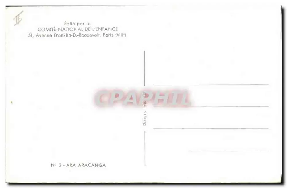 Ara Aracanga — pássaro tropical — Editado pelo Comitê Nacional da Criança, Paris - Verso