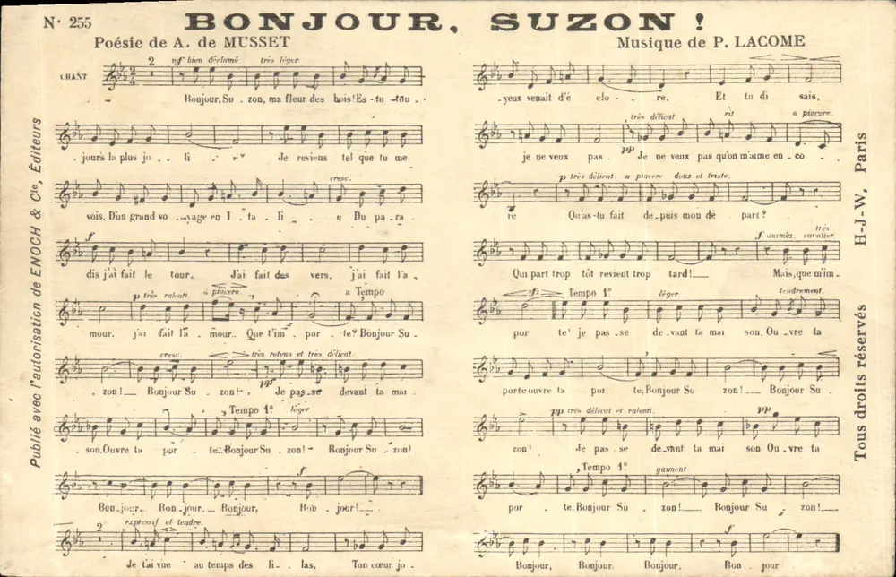 Guten Tag, Suzon! — Gedicht von A. de Musset, Musik von P. Lacome — Verlag Enoch & Cie, Paris - Vorderseite
