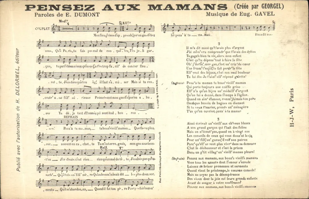 PENSEZ AUX MAMANS — Canção — H. DELORMEL, editor - Frente