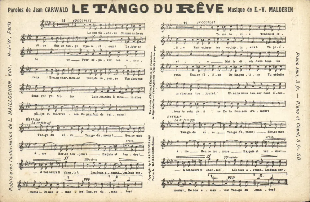 O Tango do Sonho — letras de Jean Carwald, música de E.-V. Malderen — editor L. Maillochon - Frente