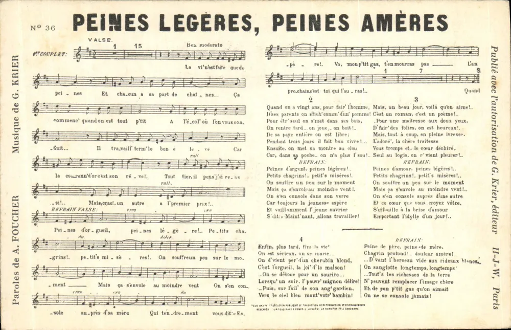 Leichte Schmerzen, bittere Schmerzen — Walzer — Musik von G. Krier, Text von A. Fouchier — Verlag H.-J.-W., Paris - Vorderseite