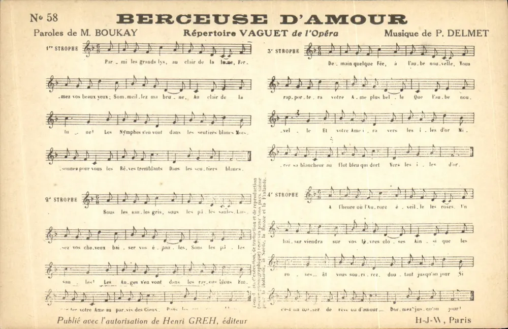 Wiegenlied der Liebe — VAGUET Opernrepertoire — Henri GREH, Verlag - Vorderseite
