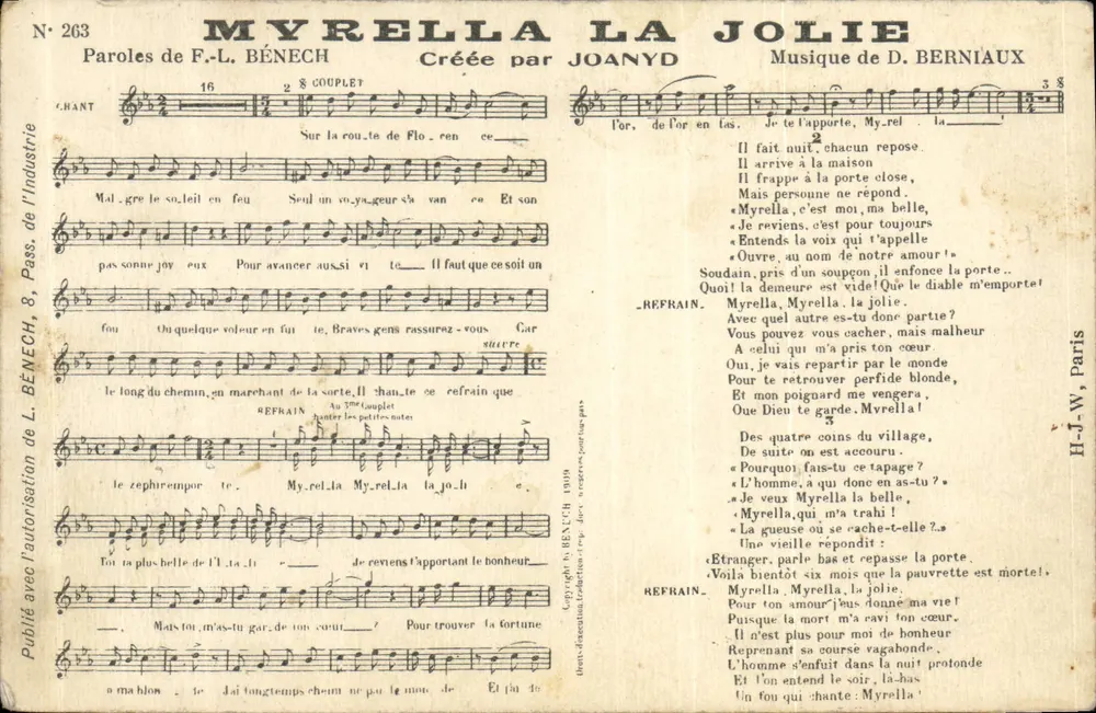 Myrella la Jolie — Lied mit Text und Musik — Verlag H.-J.-W. Paris, Nr. 263 - Vorderseite