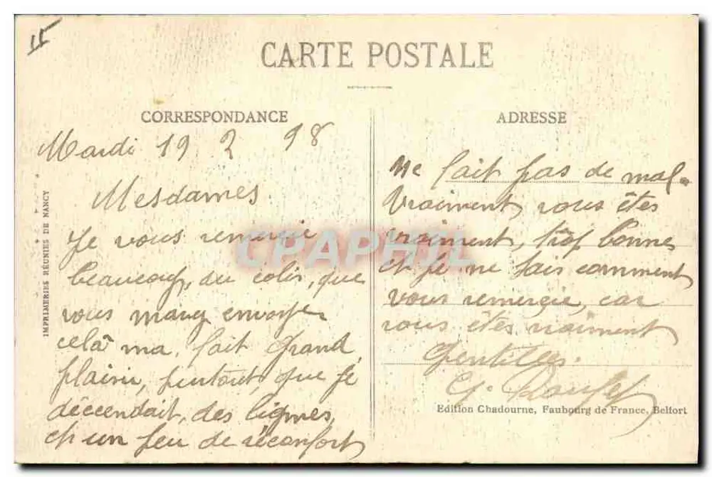 Tipo de Alsaciana — 562 — Edição Chadourne, Faubourg de France, Belfort - Verso