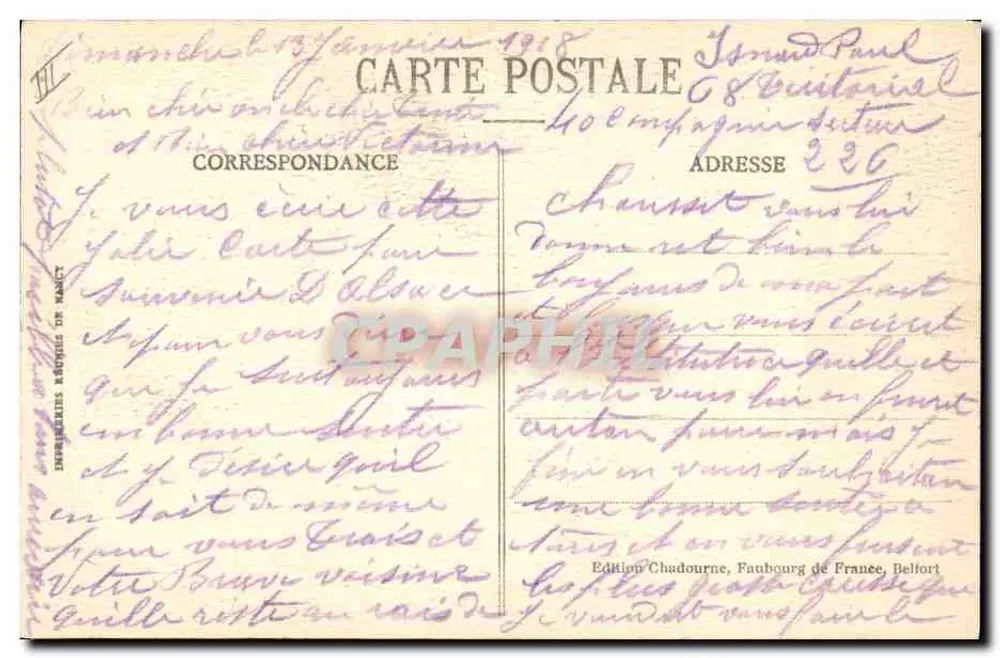 Alsacienne — Tipo Alsacienne — Edição Chadourne, Faubourg de France, Belfort - Verso