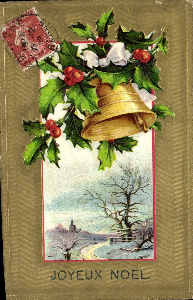 Noël — paysage hivernal avec cloche et houx — éditeur imprimeur non visible - Frente