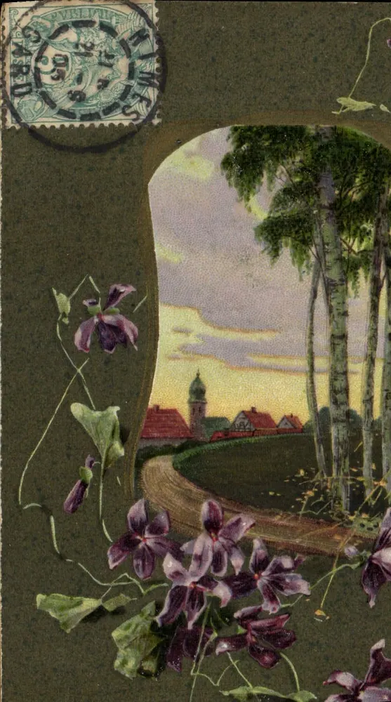 Paisagem de aldeia vista através de árvores — editor W. 5317 - Frente