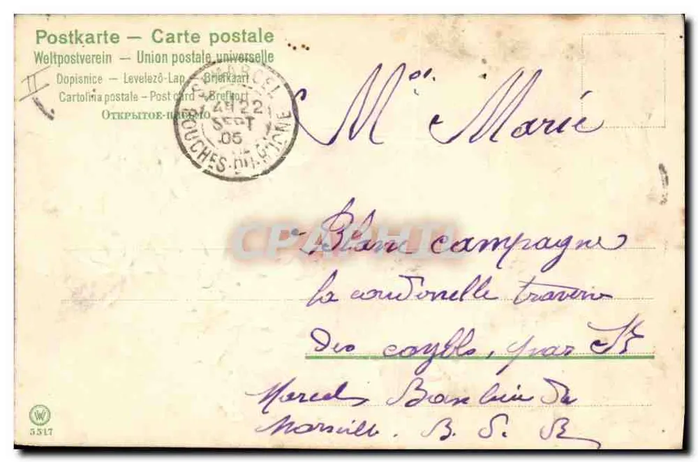Paisagem de aldeia vista através de árvores — editor W. 5317 - Verso