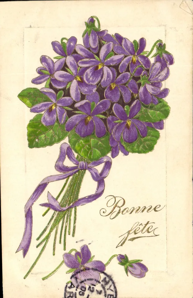 Arranjo de violetas — Boa festa — Carta postal francesa - Frente