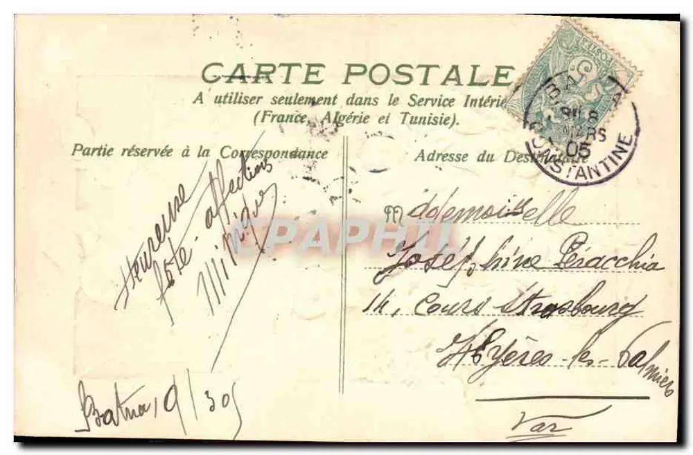 Arranjo de violetas — Boa festa — Carta postal francesa - Verso