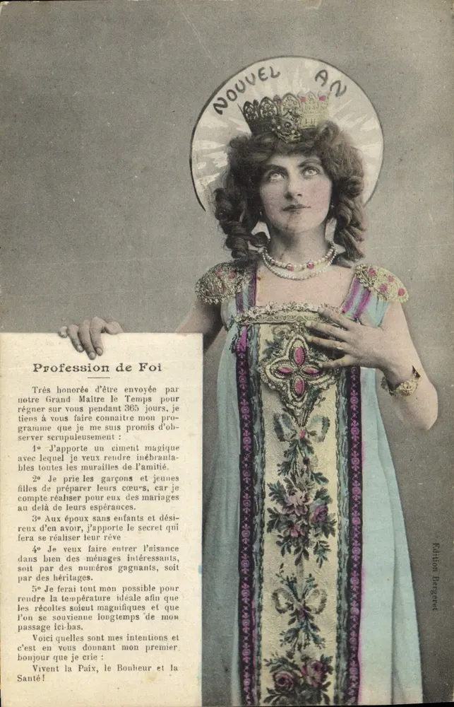 Neujahr — Frau in geschmücktem Kleid mit Programm — Edition Bergers - Vorderseite